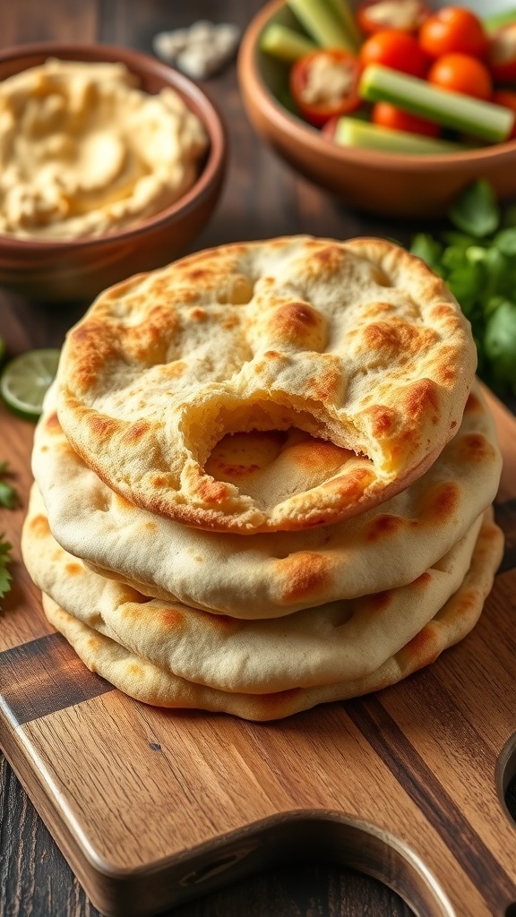 Simple 2-Ingredient Pita Bread Recipe Freshly made pita bread stacked on a cutting board with hummus and vegetables in the background.